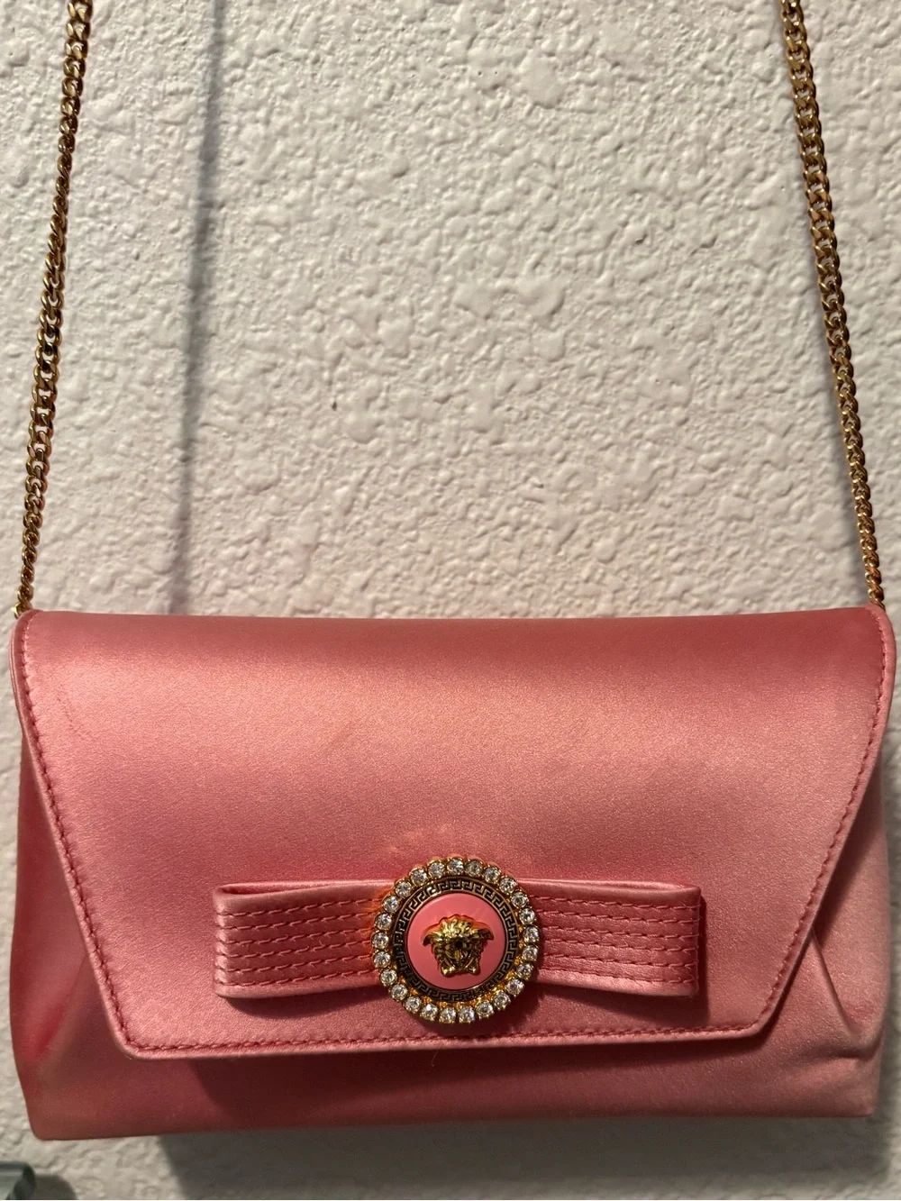 Versace Crystal Gianni Ribbon Clutch Pink Satin Authentic w Verification QR Code